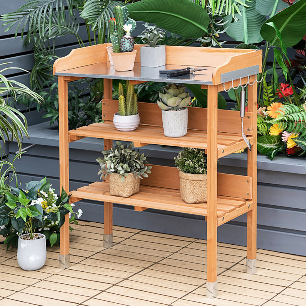 Garden Wooden Potting Bench Work Station With Hook
