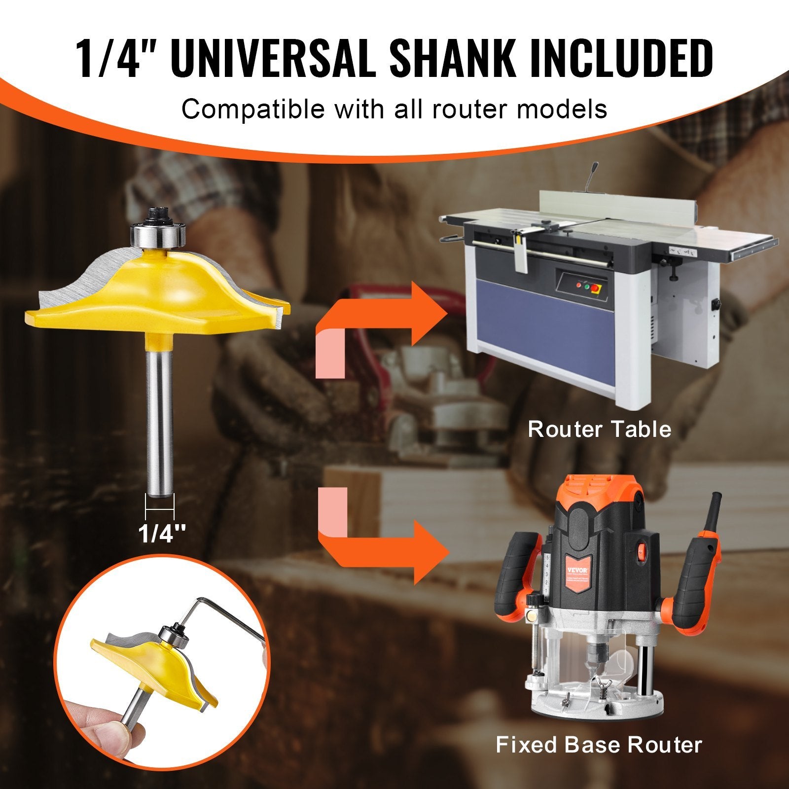 VEVOR 3-Piece Carbide Router Bit Set with 1/4" Shank & Carrying Case