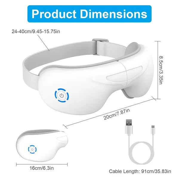 Coocosh Eye Massager with Heat Function, Soft Silicone, White, 24-40cm adjustable headband, 20cm length, and 8.5cm height, shown from a main view with dimensions highlighted.
