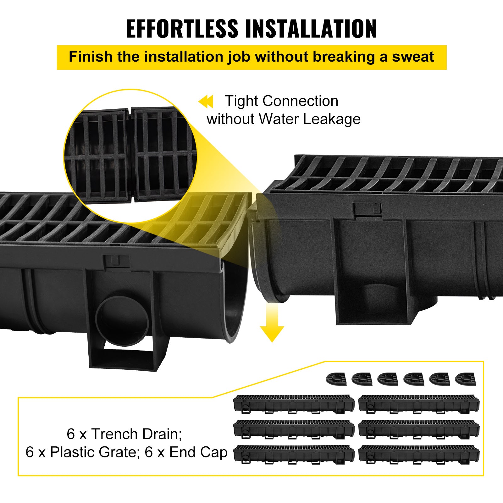 VEVOR Trench Drain System, Channel Drain with Plastic Grate, 5.9x5.1-Inch HDPE Drainage Trench, Black
