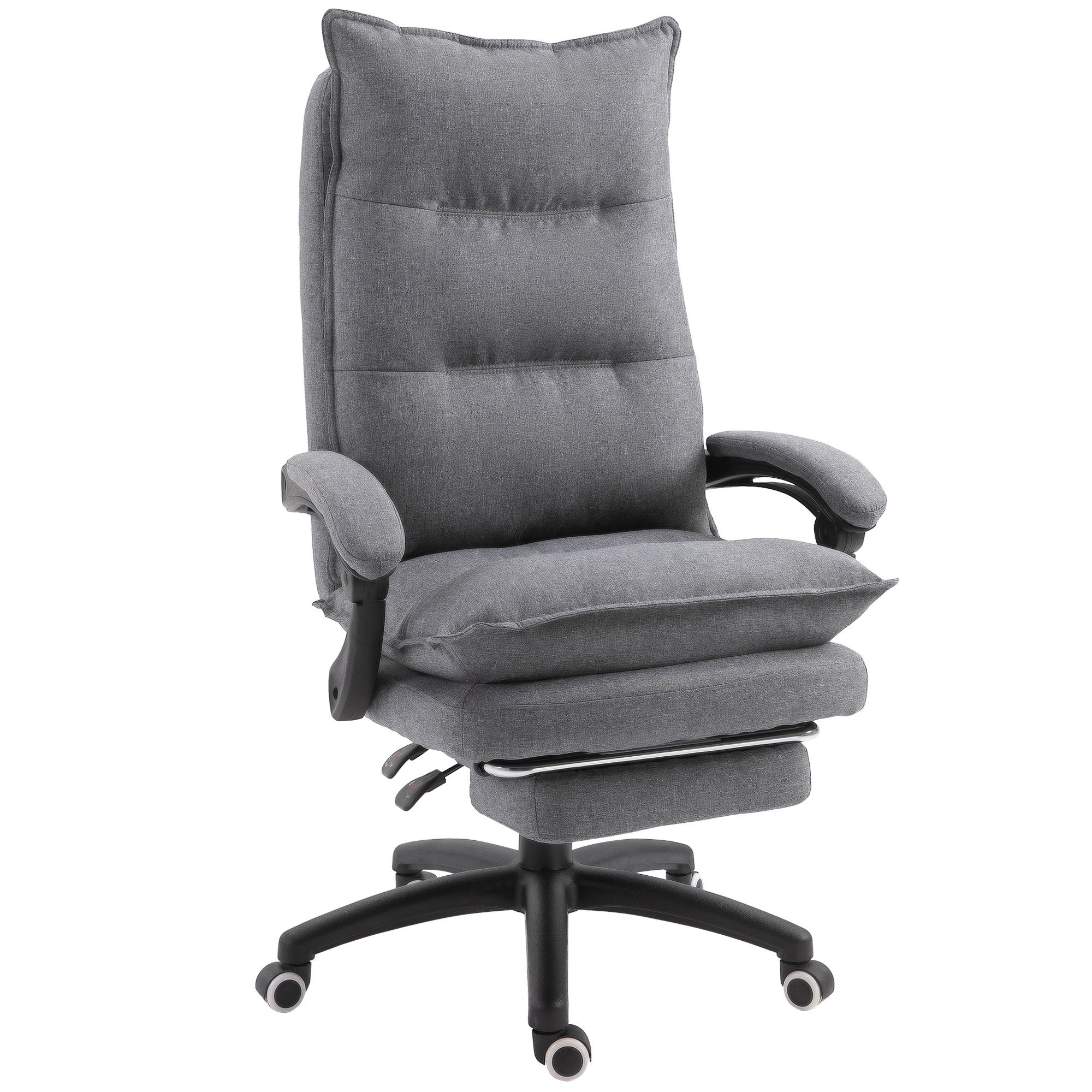 Coocosh ergonomic office chair with padded headrest and retractable footrest in grey fabric, offering exceptional lumbar support for comfortable, extended use in a home or office setting.