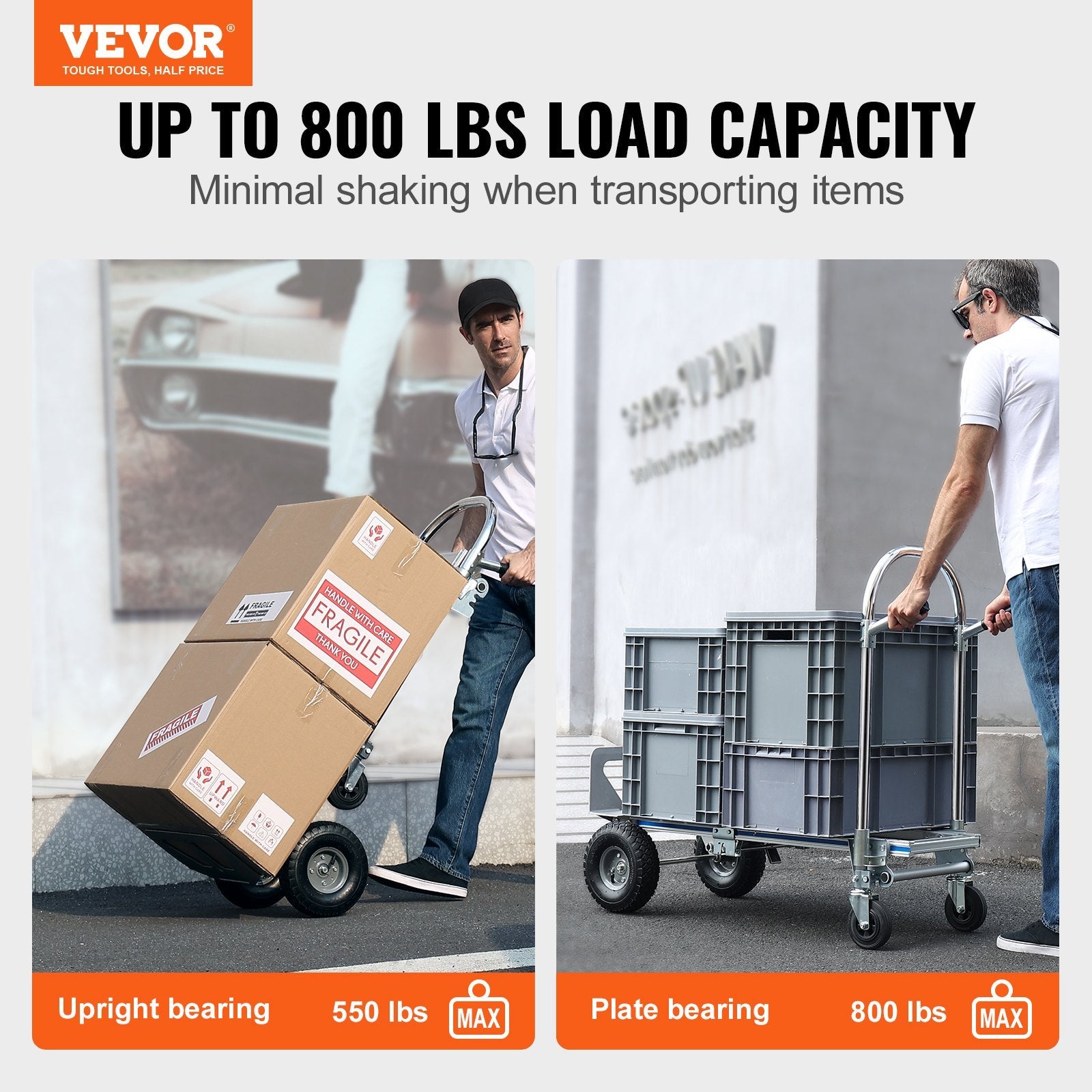 VEVOR Aluminum Hand Truck, 2-in-1 Convertible 800 lb Capacity