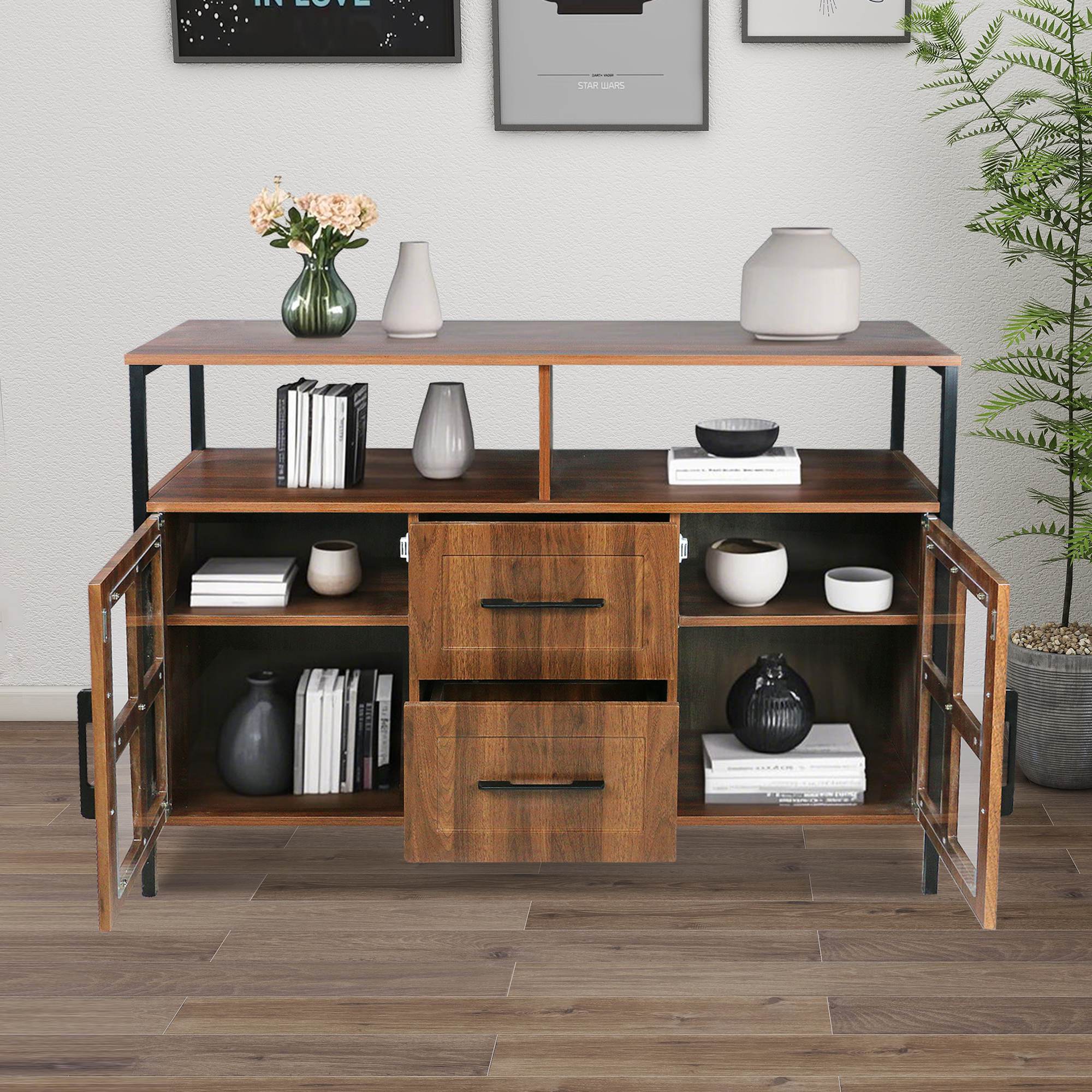 DL Store Living Room Buffet Cabinet with Glass Doors & Drawers — Brown