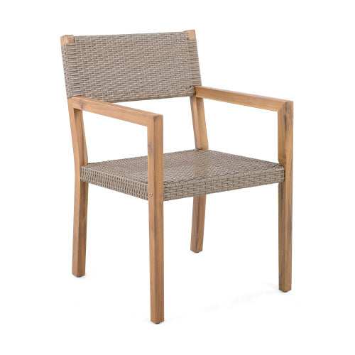 Outdoor Dining Chairs Set of 2 — Light Teak Acacia Frame & Multi Light Brown PE Wicker