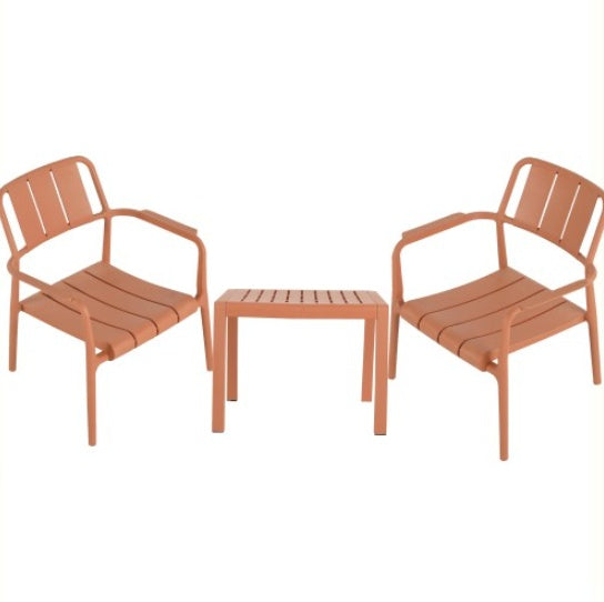 Coocosh modern outdoor lounge set featuring two slatted armchairs and a matching slat-top coffee table in a warm terracotta orange, perfect for stylish patio relaxation.