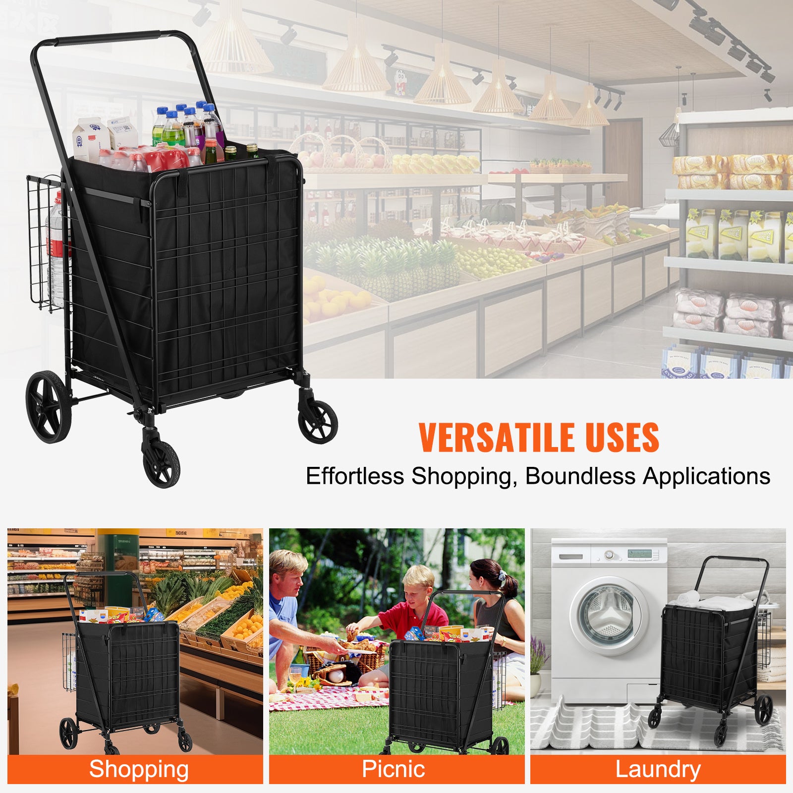 VEVOR Folding Shopping Cart With Removable Waterproof Liner, 330LBS Large Capacity Jumbo Grocery Cart