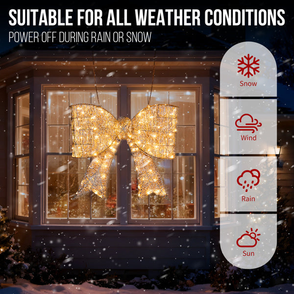 Pre-lit Outdoor Giant Bowknot Christmas Decoration, 124 Warm White LEDs, Golden