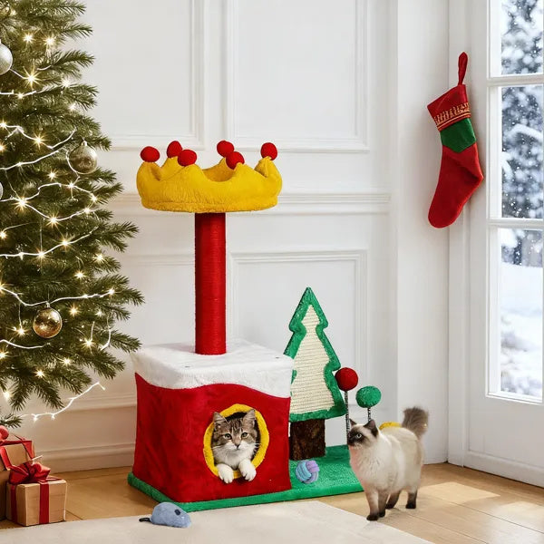 29.5in Christmas-Themed Plush Cat Tree — Multi-Level Cat Tower & Condo