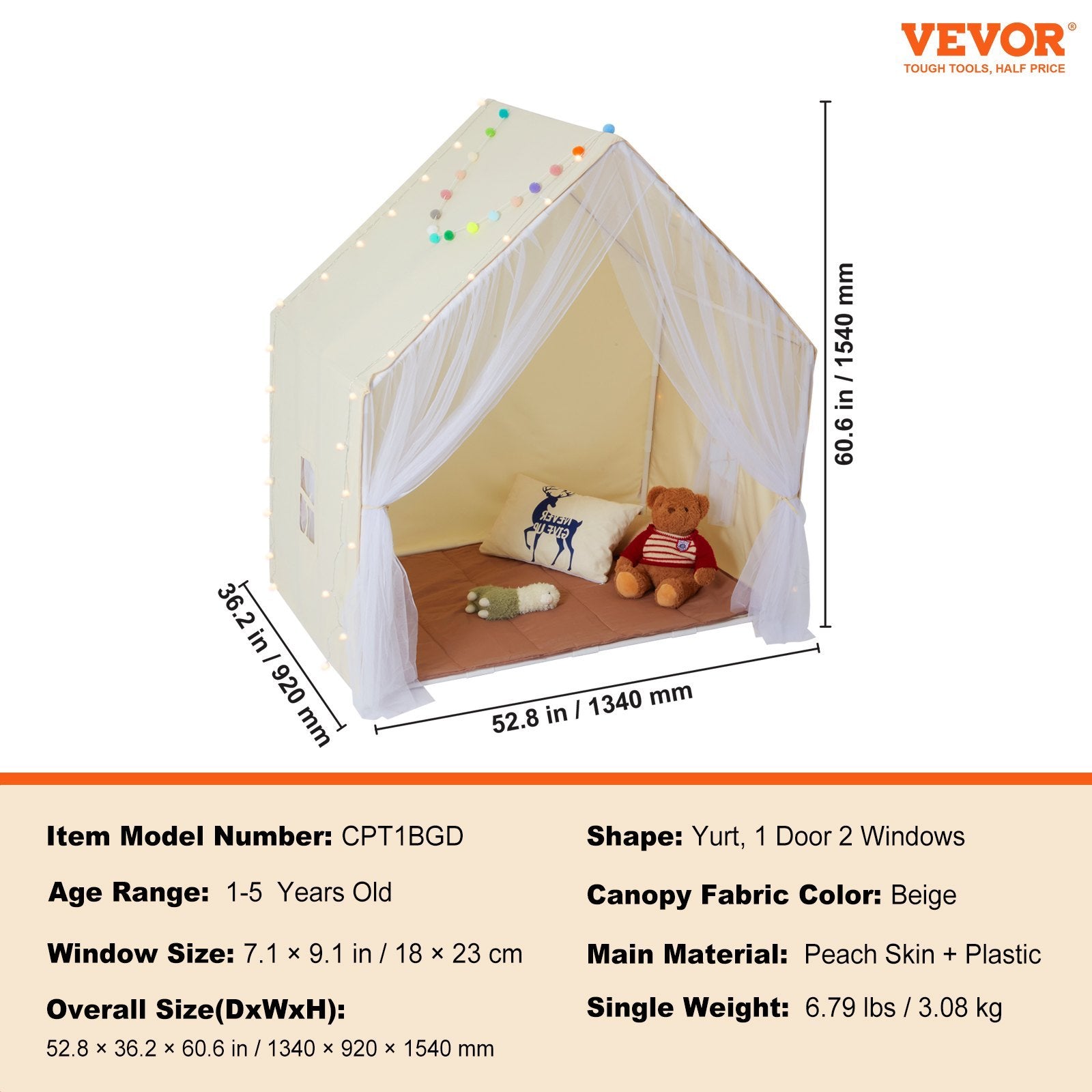 VEVOR Kids Play Tent, Yurt Playhouse with Mat & Pendant Lamp - Beige