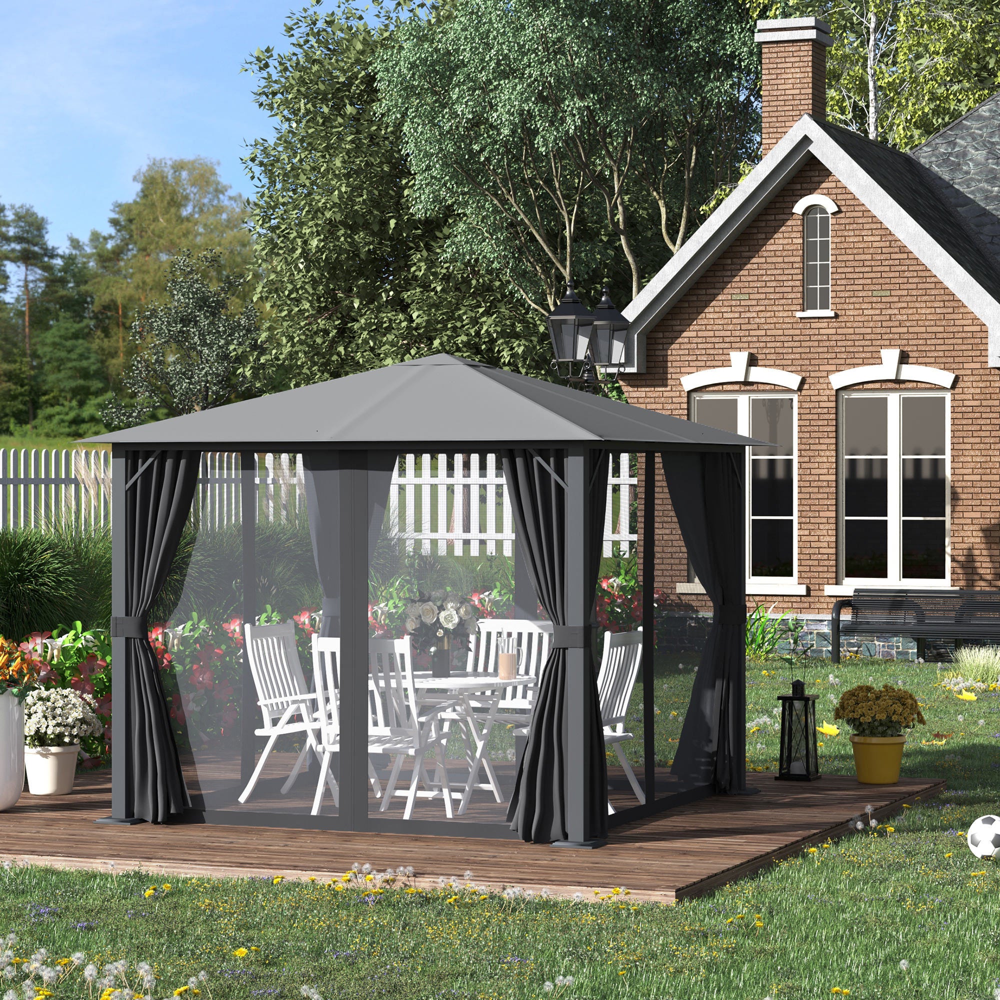 10'x10' Covered Gazebo, Outdoor Patio Gazebo With Mesh Sidewalls And Privacy Curtains — Black