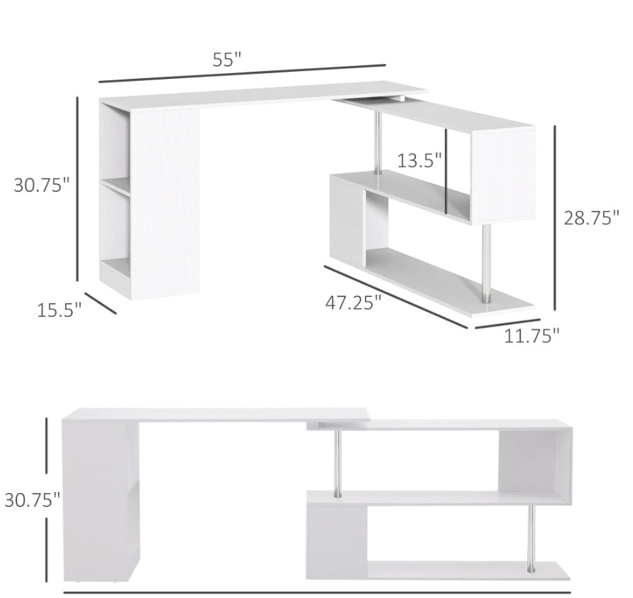 L-Shaped Desk 55 360 Rotating White Corner Computer Workstation With Storage