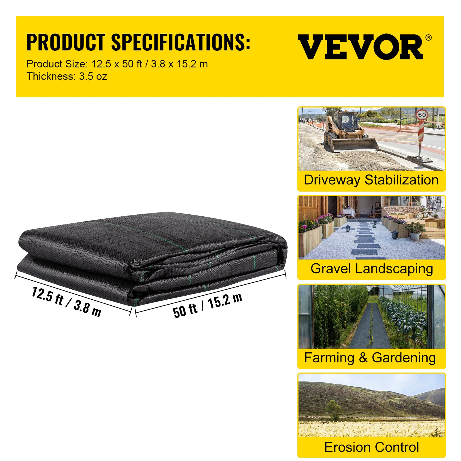 VEVOR Geotextile Fabric, 12.5 x 50 ft, 3.5oz Woven PP — Heavy Duty Driveway & Landscaping, Black