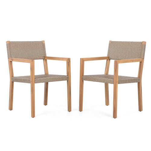 Outdoor Dining Chairs Set of 2 — Light Teak Acacia Frame & Multi Light Brown PE Wicker