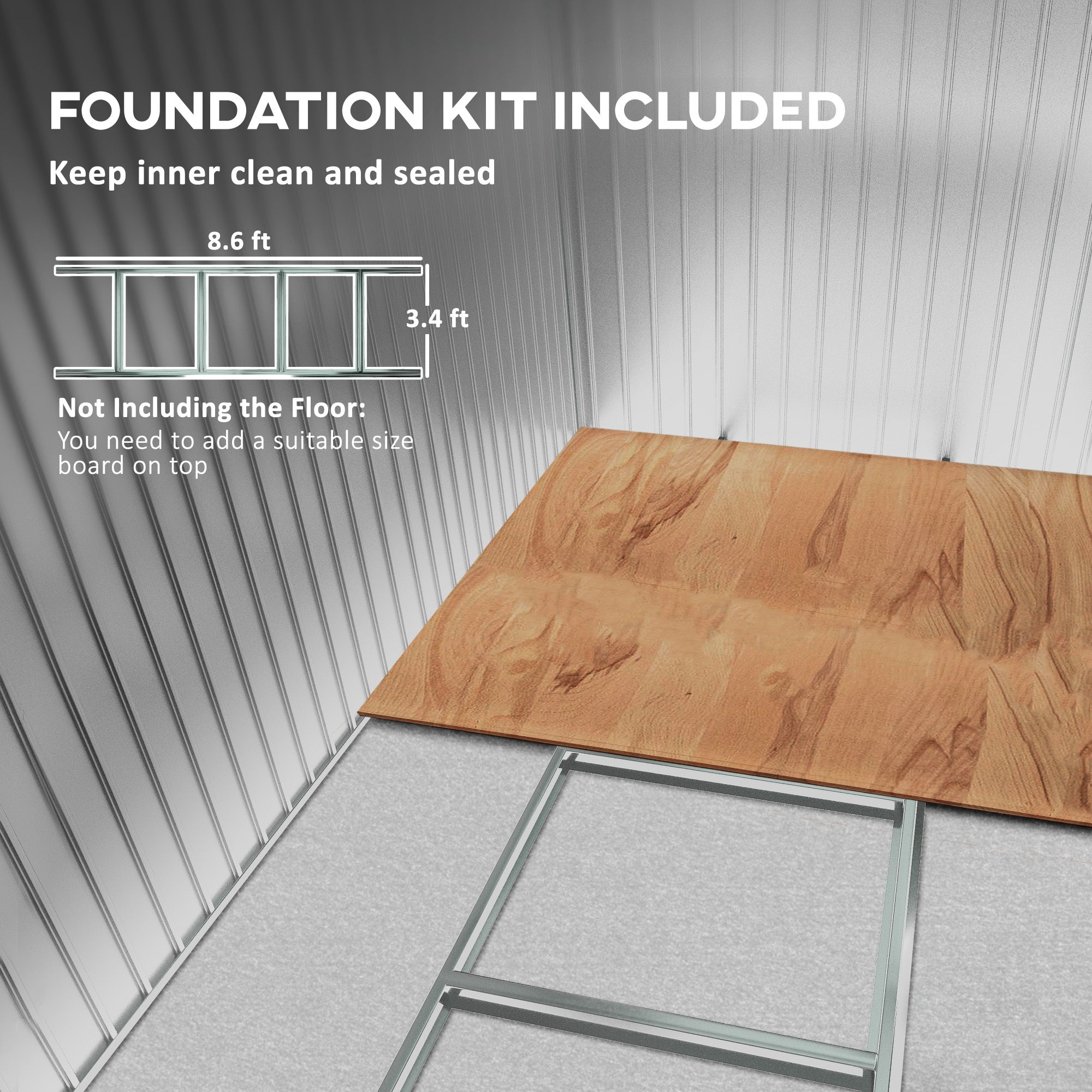 Coocosh Foundation Kit with metal framing and plywood base, designed to keep interior clean and sealed, dimensions 8.6 ft x 3.4 ft, displayed in a close-up view for detailed perspective.