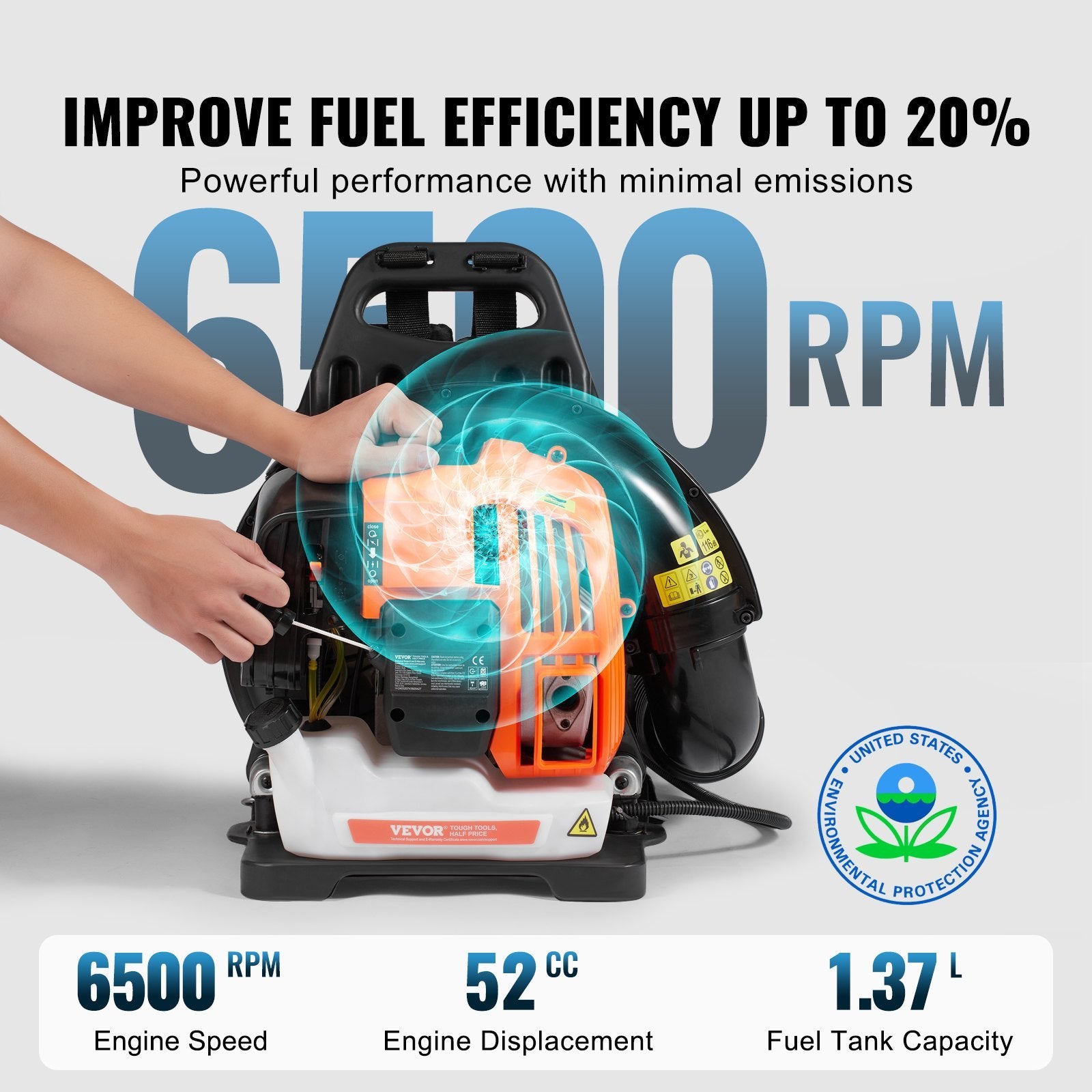 52cc Backpack Leaf Blower – 480 CFM, 175 MPH, 1.37L Tank | VEVOR