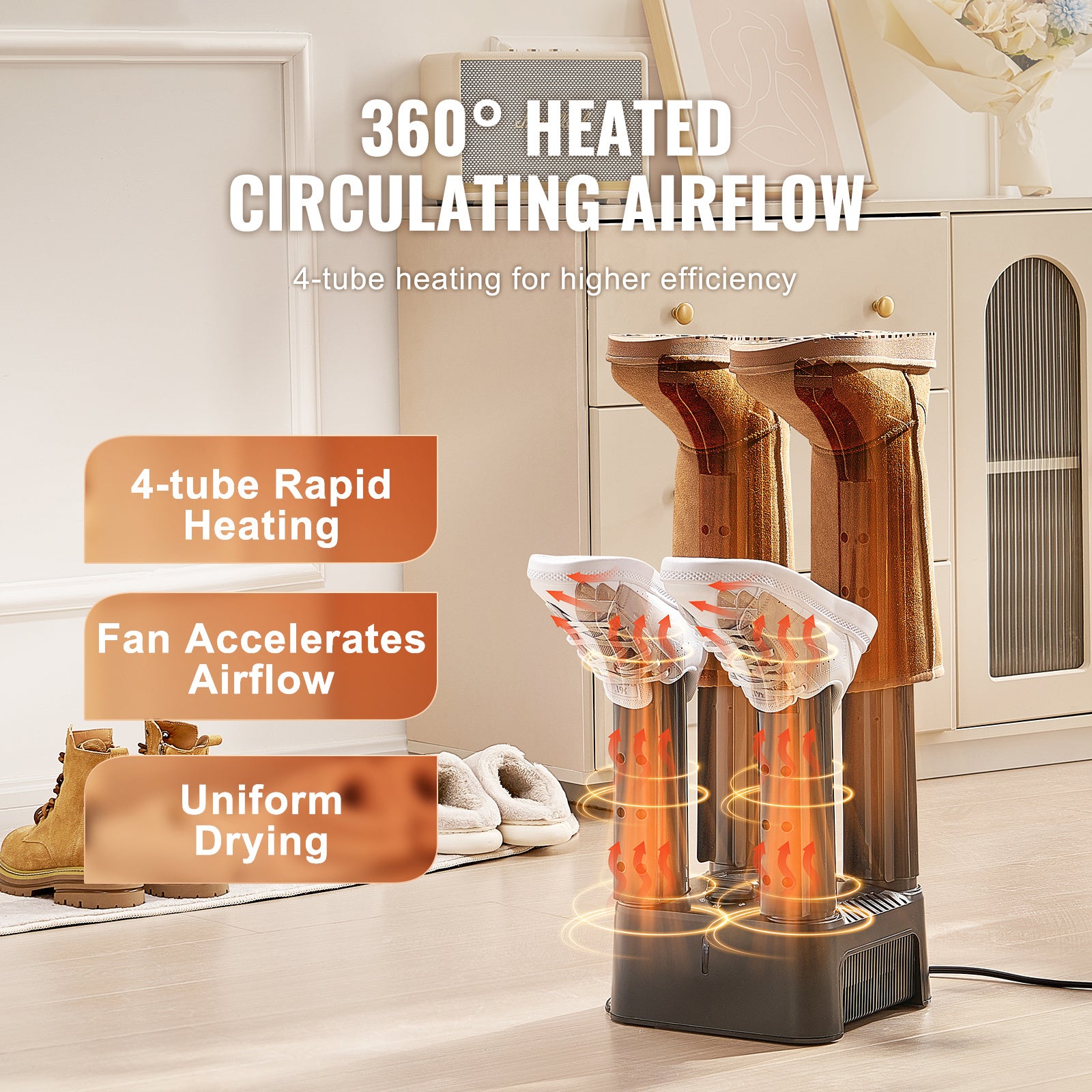 VEVOR Detachable 4 Tubes Shoe Dryer With Heat Blower & Timer - Black & Orange