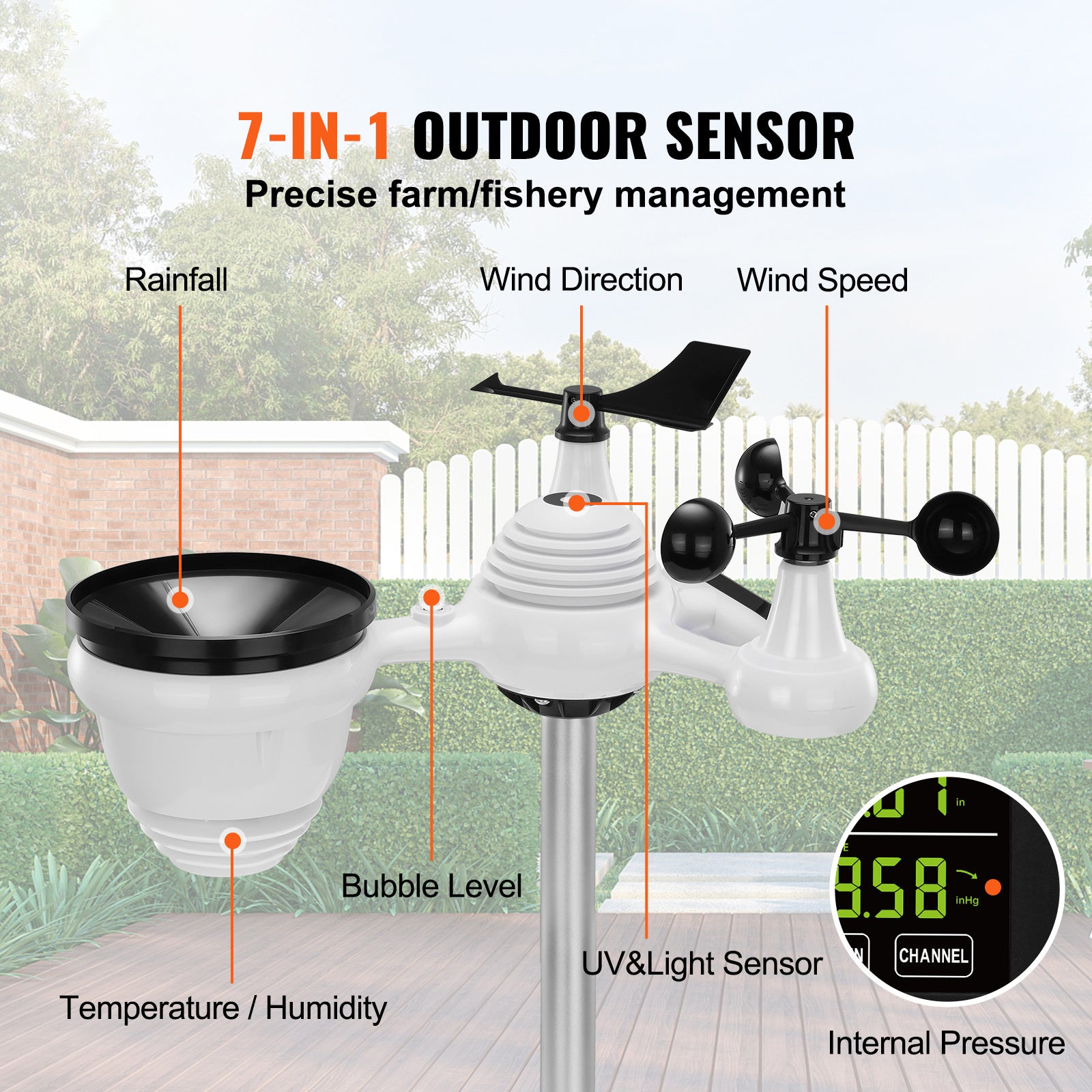 VEVOR 7-in-1 Wireless Weather Station, 7.5" Large Color Display — Indoor/Outdoor