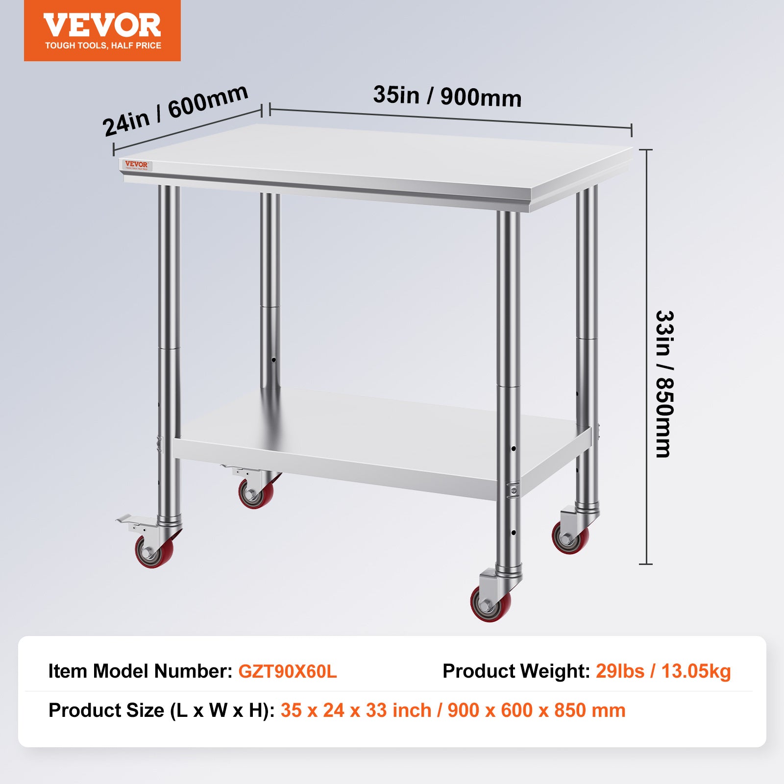 VEVOR 36 x 24 in Stainless Steel Commercial Work Table w/ Casters
