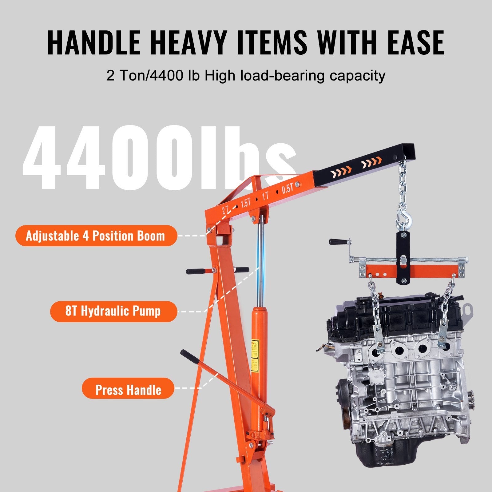 VEVOR Hydraulic Engine Hoist With Lever, 2 Ton (4400 lb) Foldable Cherry Picker Shop Crane