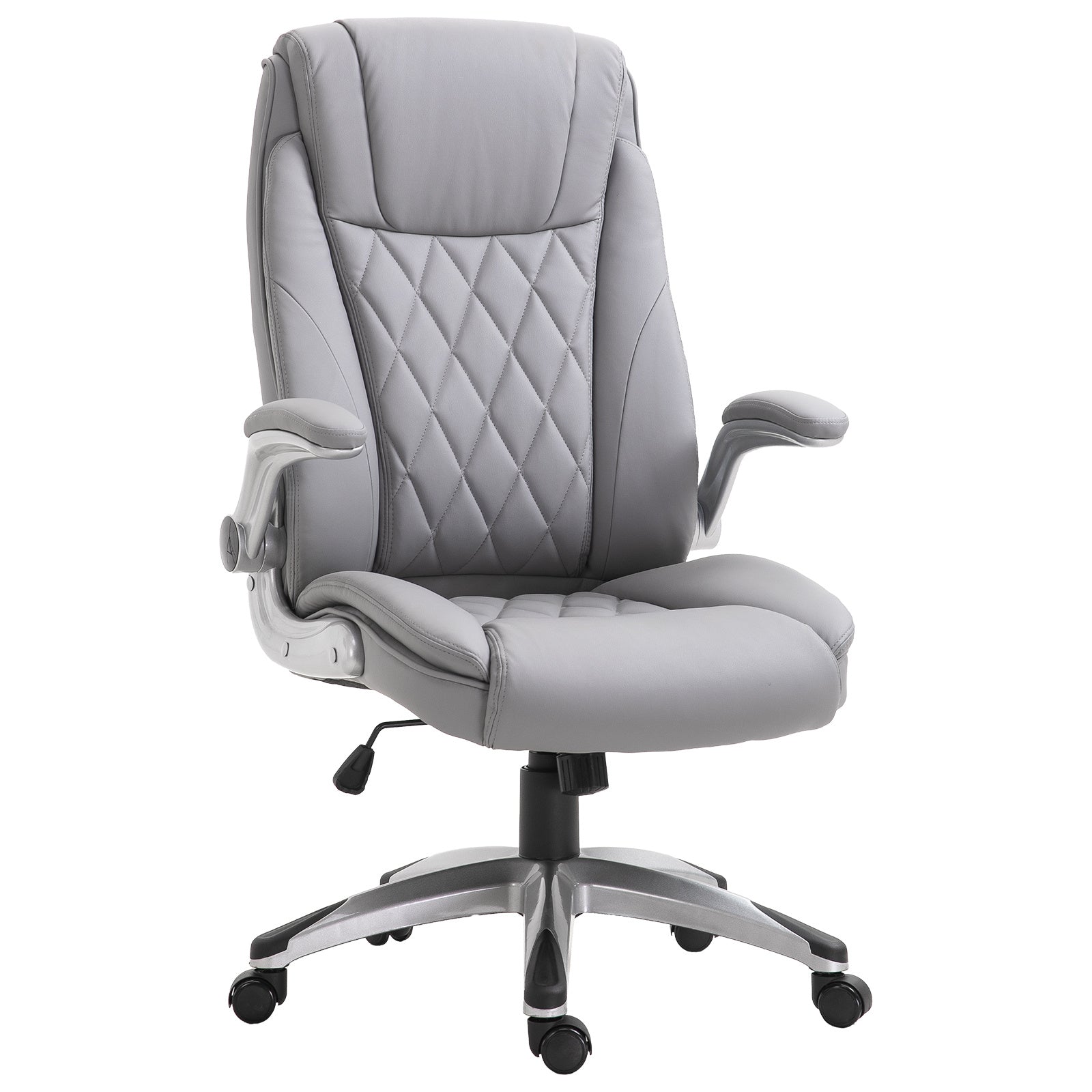 Coocosh Executive Office Chair with plush leather upholstery, featuring elegant diamond stitching in sleek gray, offering comfort and style in any workspace. Ideal dimensions for ergonomic support.