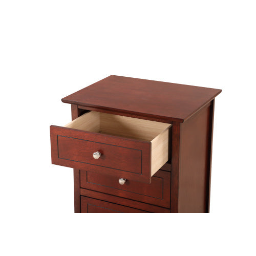 Coocosh nightstand featuring three spacious drawers made from sturdy particle board, in a warm cherry finish, ideal for organizing essentials in a cozy bedroom.