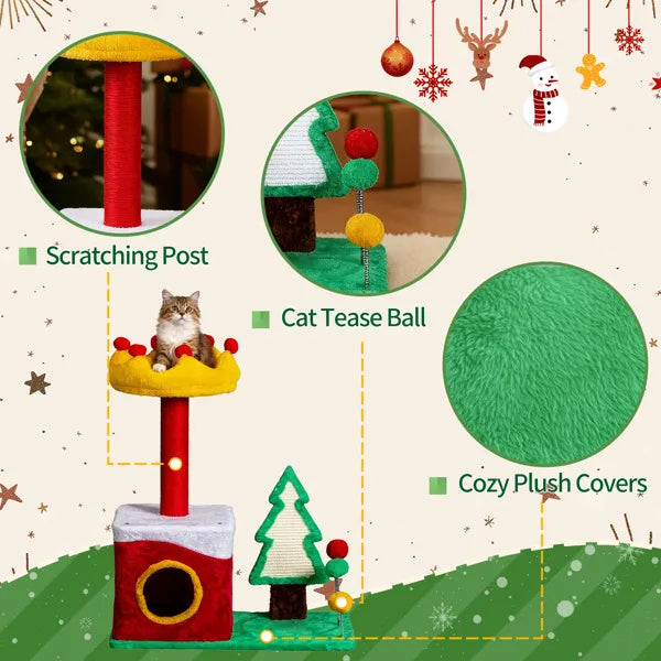 29.5in Christmas-Themed Plush Cat Tree — Multi-Level Cat Tower & Condo