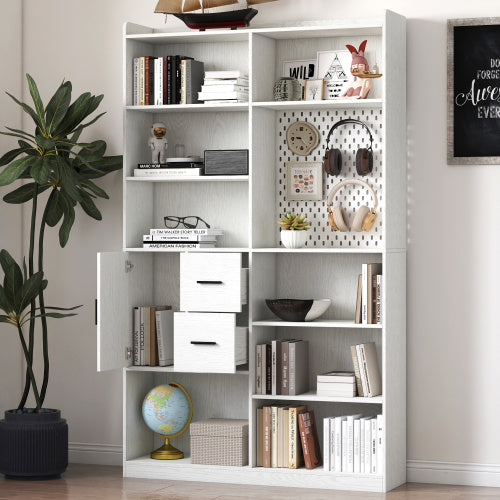 Coocosh Bookshelf with open storage compartments and decorative elements, featuring a modern white finish and various decorative items, dimensions 6ft high by 3ft wide, shown in a stylish room setting.