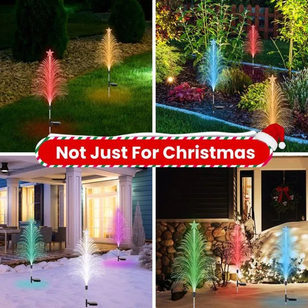 7-Color Solar Christmas Tree Stake Lights 4 Pack - Fiber Optic Cedar with Star