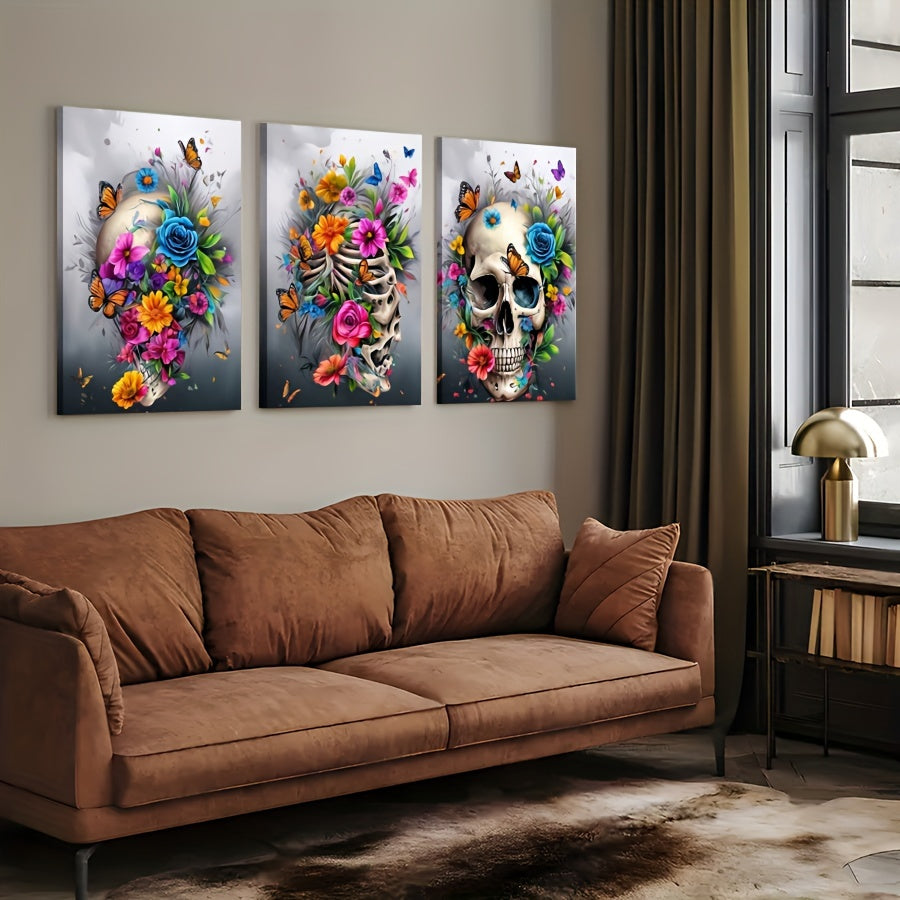 3 Pieces Skull Art Canvas Painting - Framed Contemporary Minimalist Artwork