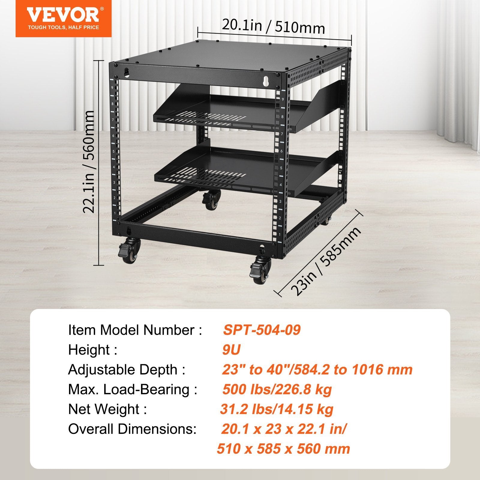VEVOR 9U 4-Post Open Frame Server Rack Network Enclosure - Adjustable Depth