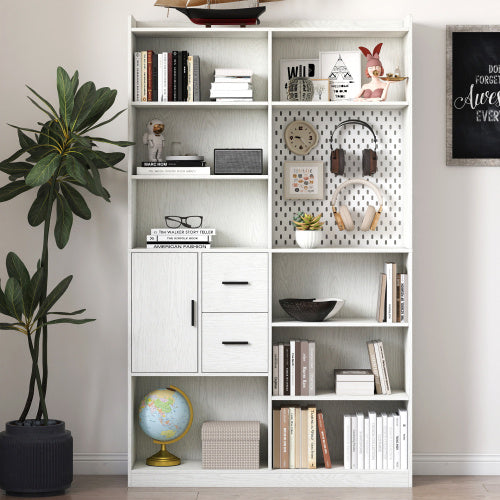 Coocosh bookshelf featuring 9 cubbies and 3 drawers, crafted from sturdy particle board, in a bright white finish; ideal for organizing your living room or home office.
