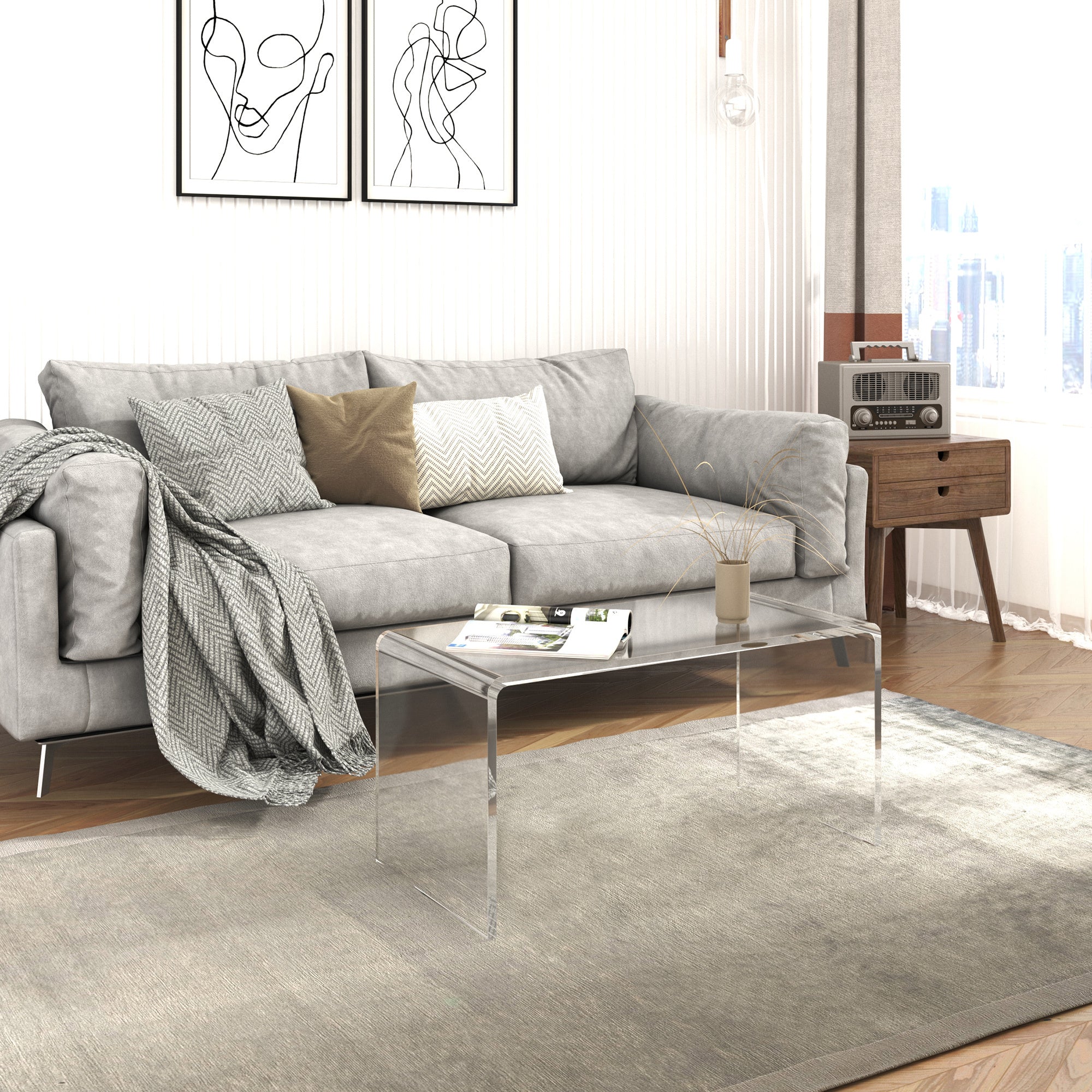 Stylishly designed Coocosh acrylic tea table showcases its 35" x 20" x 19.7" dimensions with elegant waterfall legs, ideal for creating a chic podcasting or streaming space.