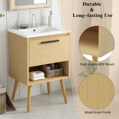 24" Bathroom Vanity With Sink Combo, Multi-functional Cabinet w/ Drawer - Natural