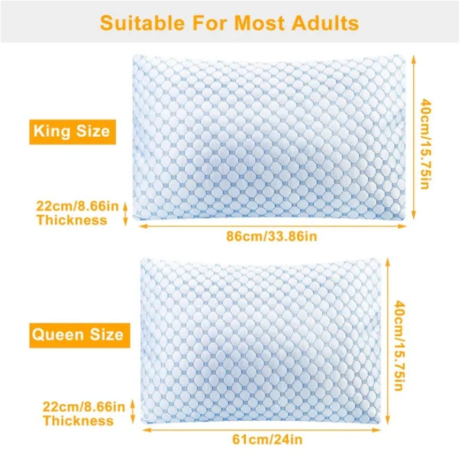 Coocosh Pillow Set featuring breathable PE Netting for optimal cooling, in a soothing blue color. King size dimensions are 86cm x 40cm, and queen size is 61cm x 40cm. Perfect for ultimate comfort during sleep.