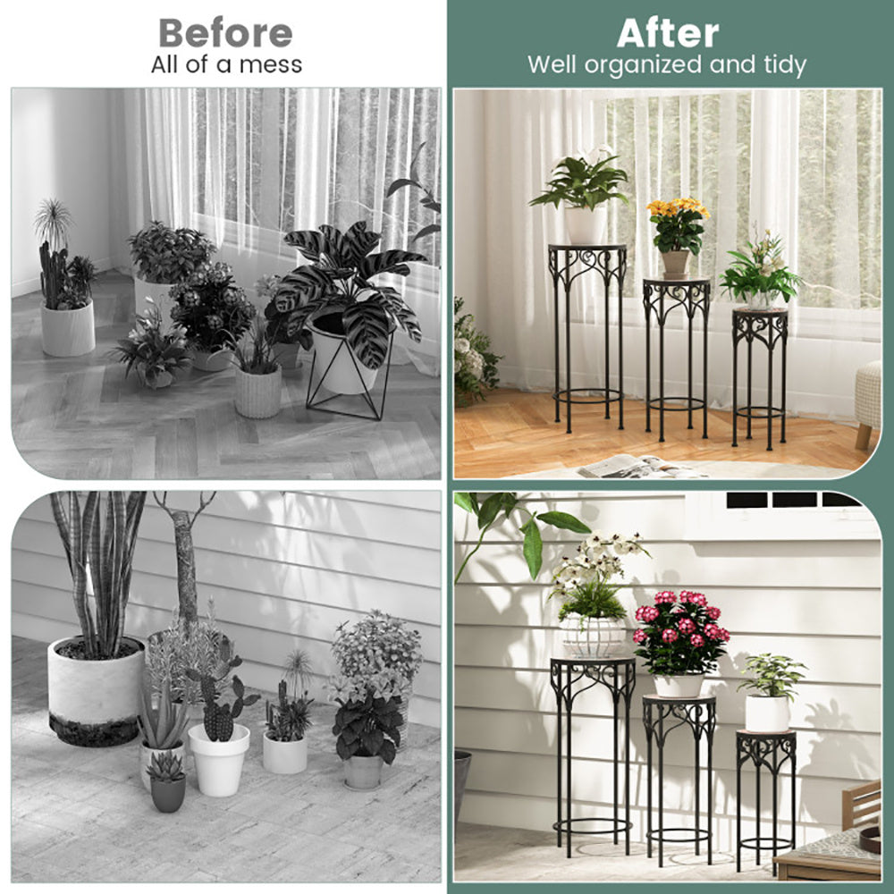 Coocosh Plant Stands Set of 3, featuring elegant black metal with curved designs, enhancing organization for indoor and outdoor plants, dimensions vary per stand for versatile placement.