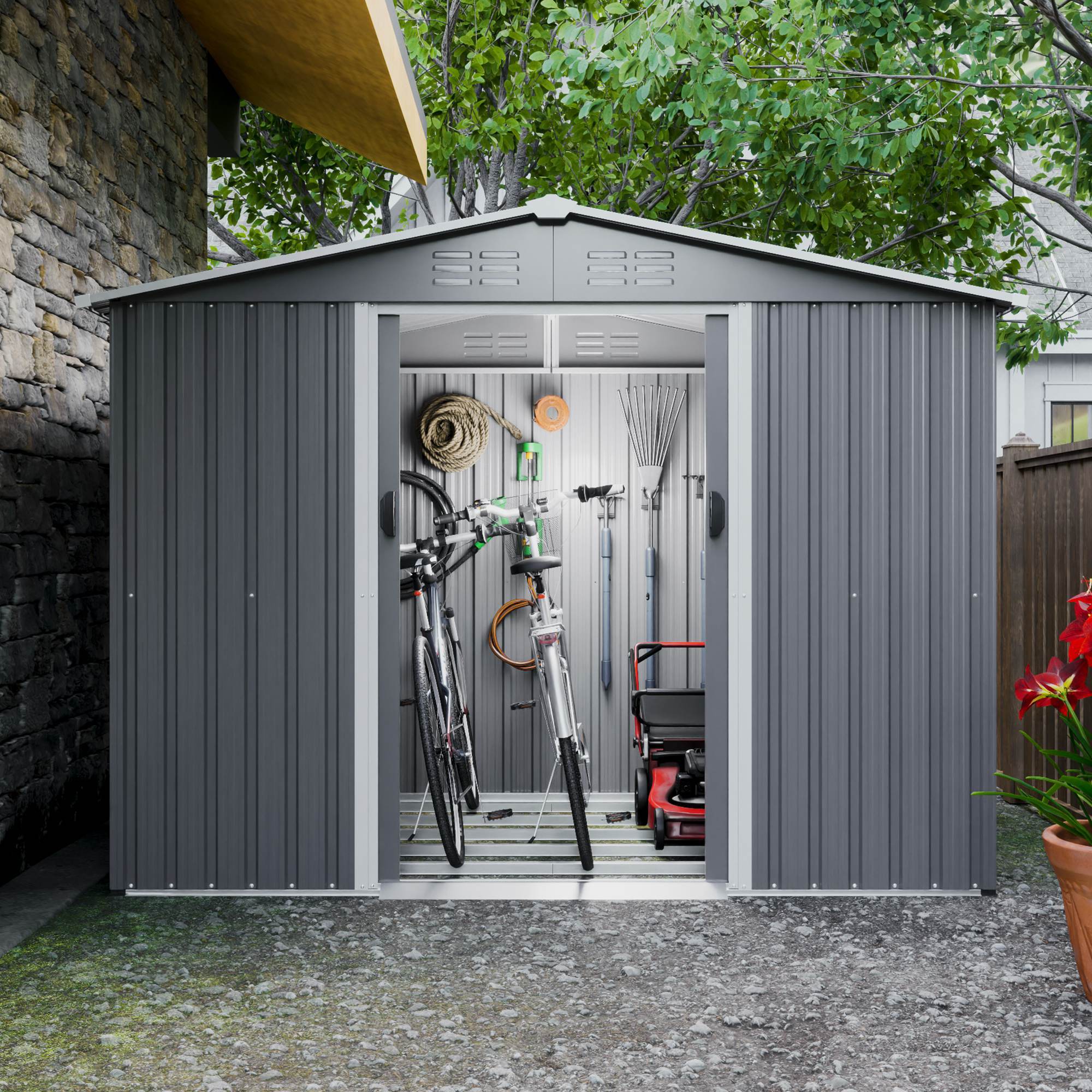 8x6 FT Outdoor Tool Storage Shed With Metal Foundation & Lockable Sliding Doors, Gray