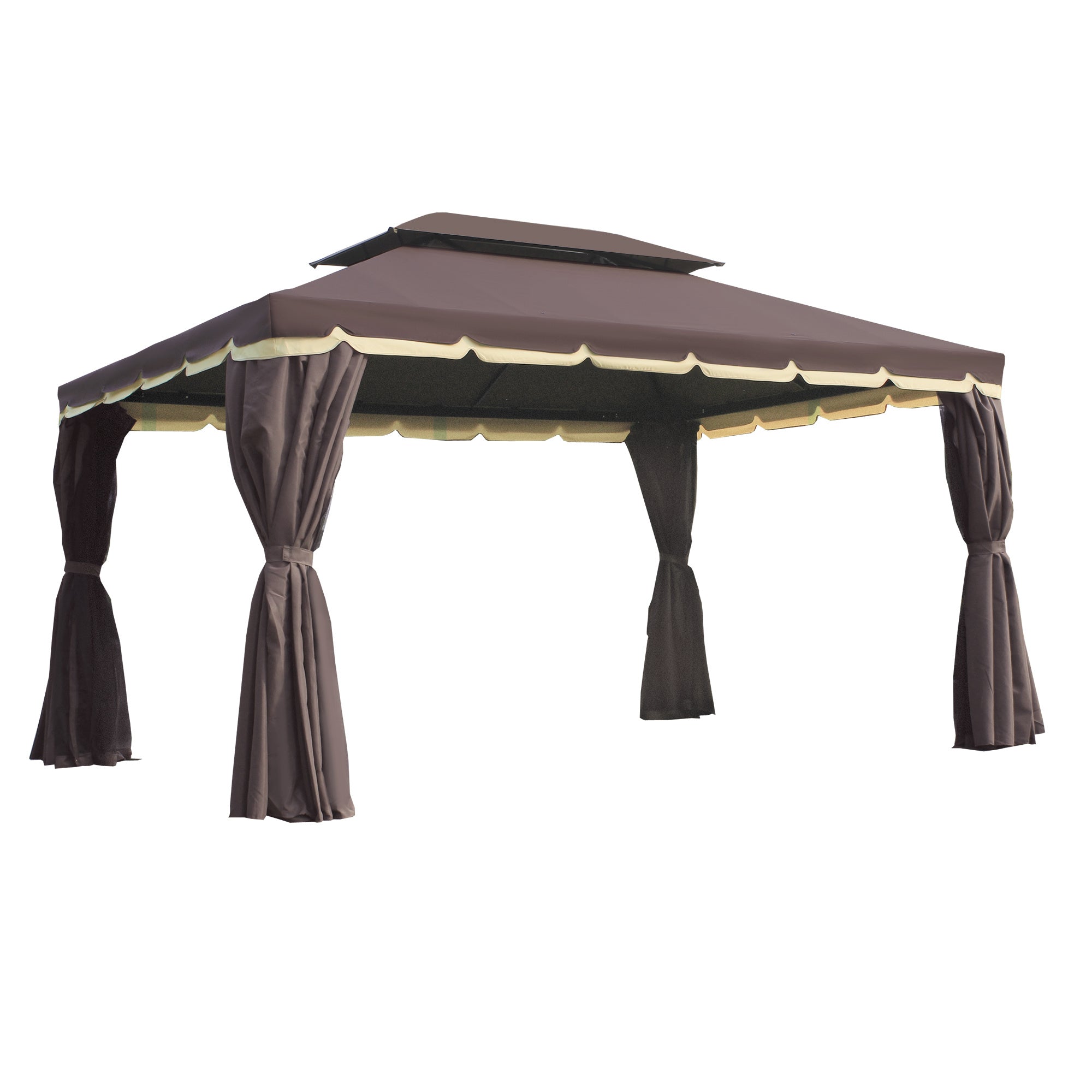 Coocosh outdoor gazebo tent with double-tiered brown canopy and scalloped valance, featuring dark brown side curtains tied back, perfect for patio or garden protection and decoration.