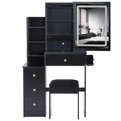 Coocosh Makeup Vanity Set with Dressing Table and Shelves, Elegant Black Finish, Features Built-in Mirror, 4 Drawers, Perfect for Organizing Cosmetics, Compact Design for Limited Spaces.