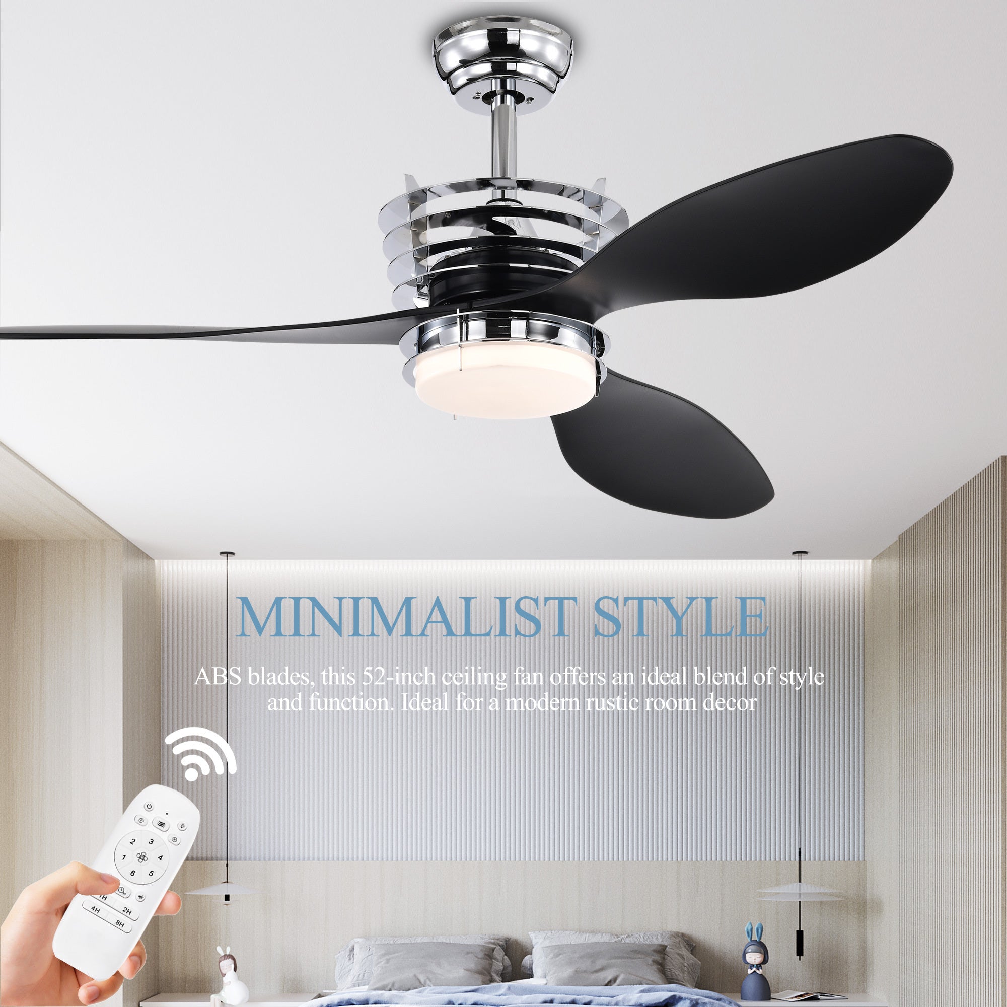 52'' ABS Blades Ceiling Fan With Lights And DC Remote, DC Motor Modern Ceiling Fan With 3 ABS Fan Blades & 2 Down Rods, Indoor Ceiling Fan With Light For Bedroom,Living Room