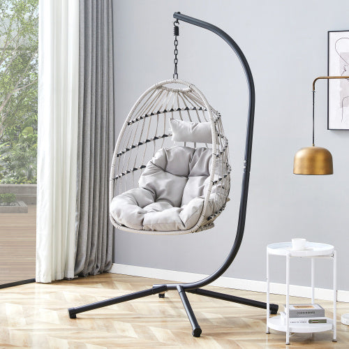 GR Heavy-Duty Iron Hanging Wicker Egg Chair — Single-Person Indoor/Outdoor Swing (Light Gray)