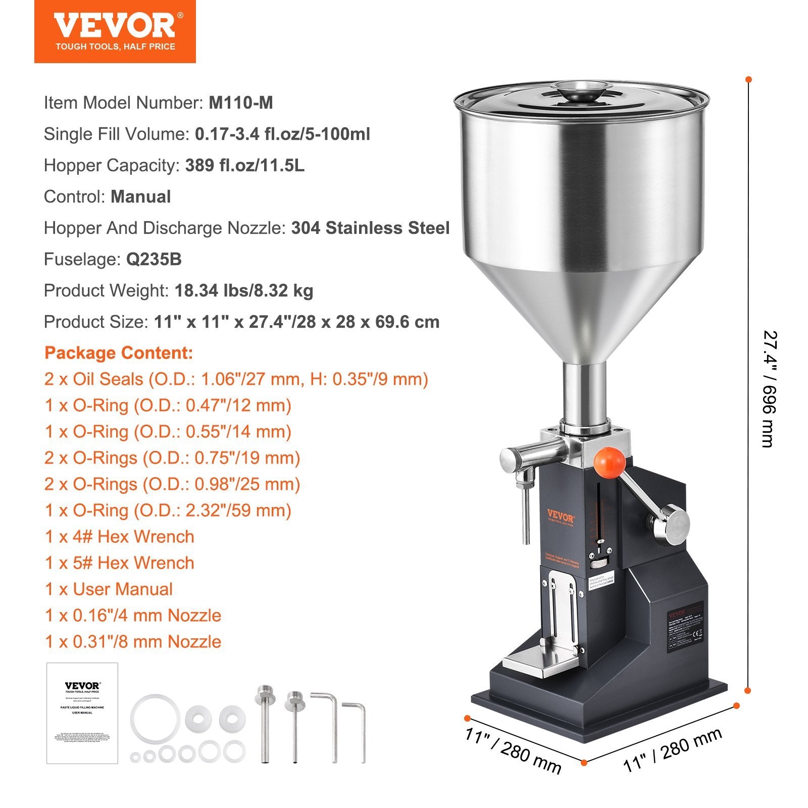 VEVOR Manual Paste Liquid Filling Machine, 5-100ml Bottle Filler, Adjustable Stainless Steel Hopper