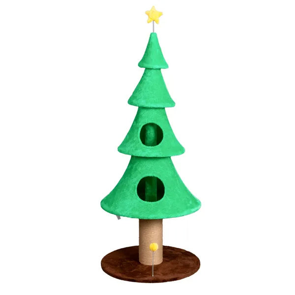 59in Large Tall Christmas Tree Cat Tower With 2 Cat Condos & Scratching Post, Soft Fleece, Teaser Toy, Sturdy Base - Green