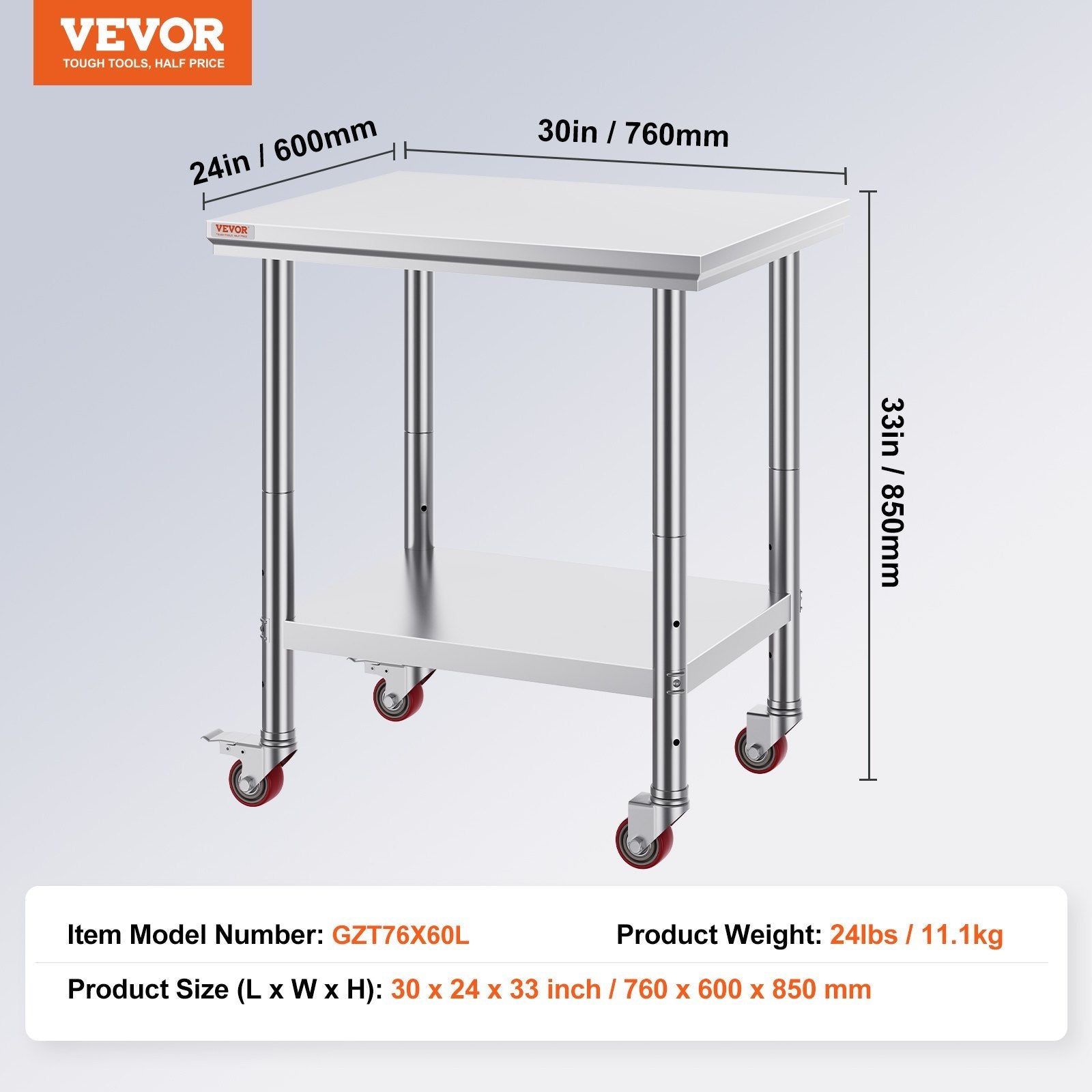 VEVOR Stainless Steel Work Table with Wheels, 24 x 30 x 33.8 in — Heavy Duty Prep Table