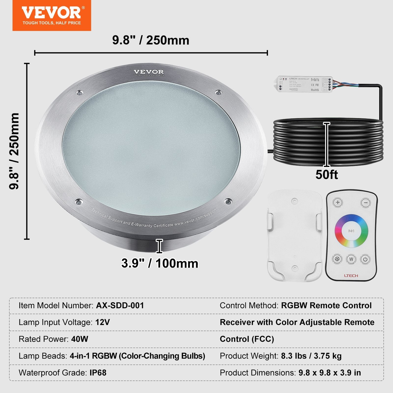 VEVOR 10" RGBW 40W LED Inground Pool Light — 50 ft Cord & Remote, IP68