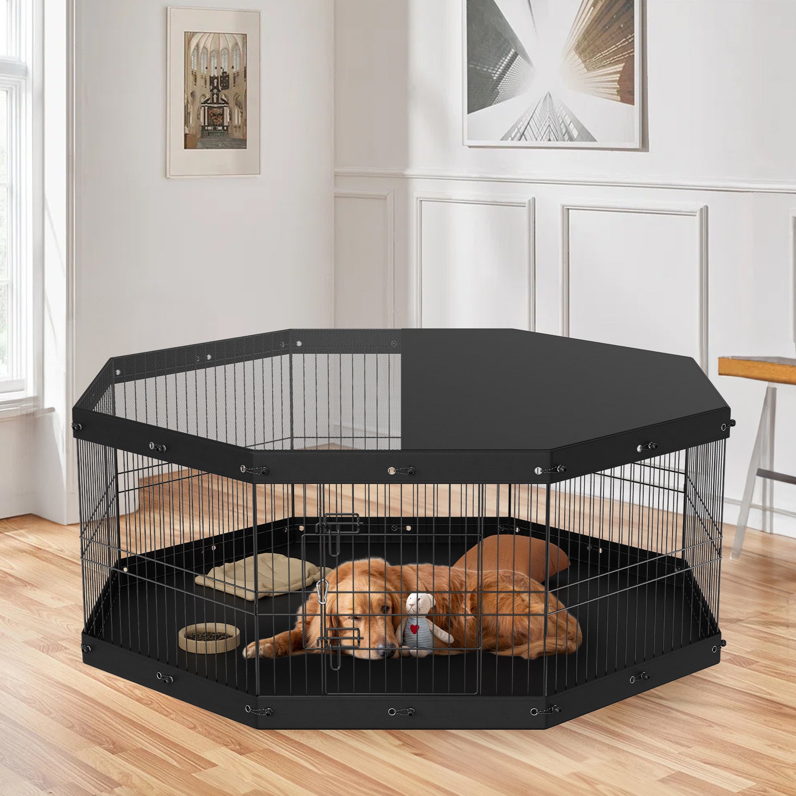 VEVOR Dog Playpen, 8 Panels Foldable Metal Dog Exercise Pen with Top Cover & 600D Oxford Bottom Pad, 24in H - 63" x 63"