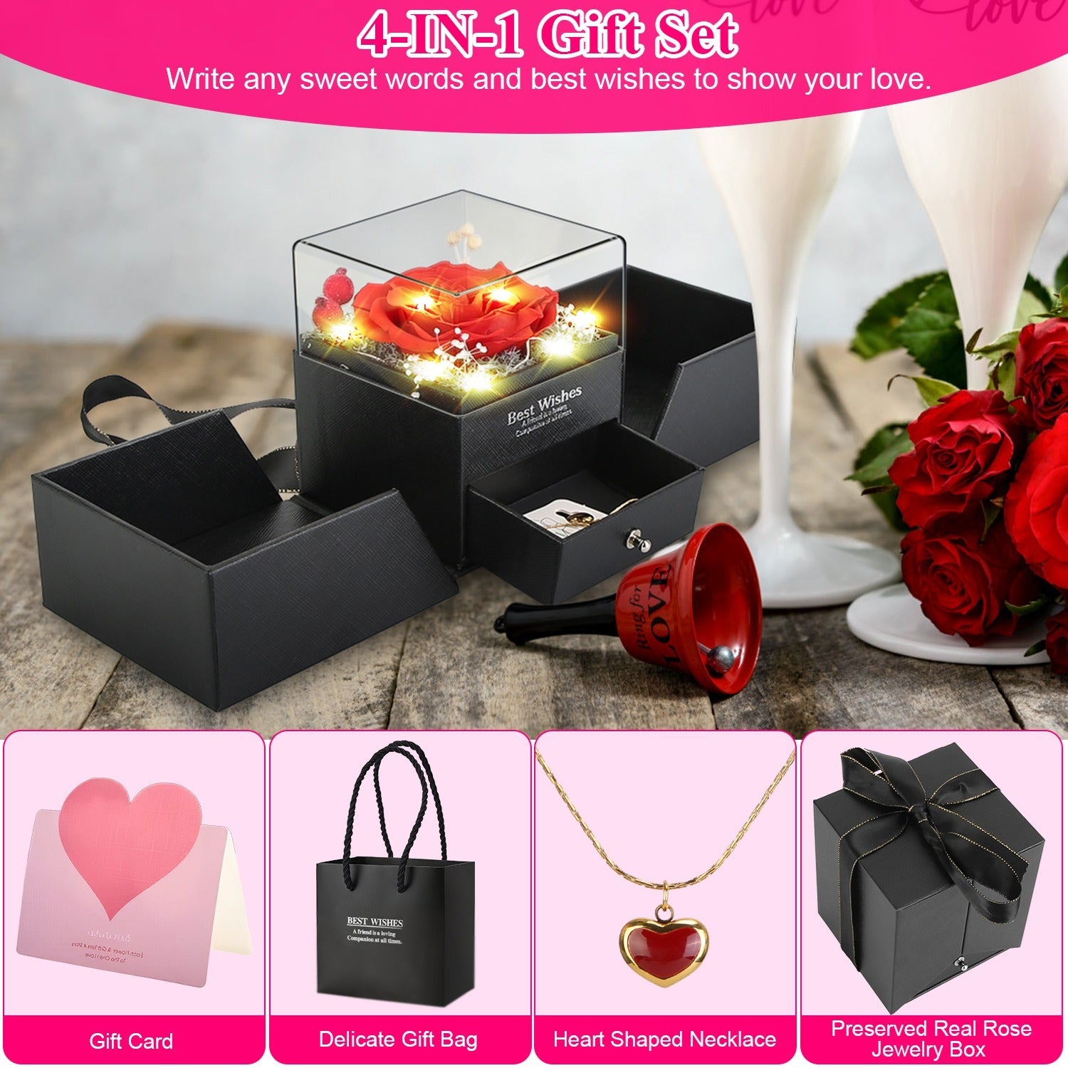 Coocosh 4-IN-1 Gift Set with Preserved Real Rose, gift card, delicate gift bag, and heart-shaped necklace, presented in an elegant black box, perfect for expressing love and affection.