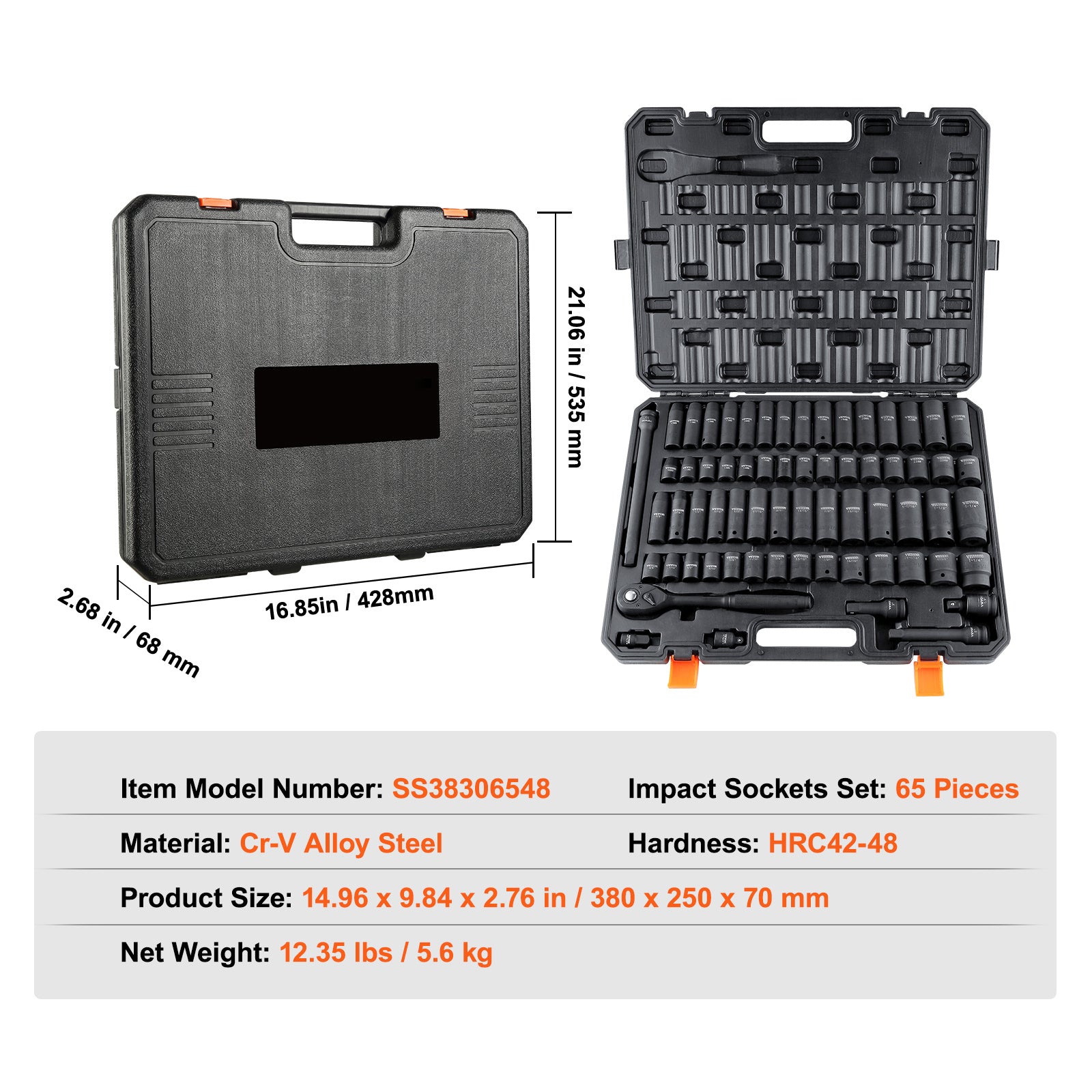 VEVOR Drive Impact Socket Set, 65 Piece Socket Set SAE Metric 10-24mm, 6 Point Cr-V Alloy Steel For Auto Repair, Rugged Construction, Easy-to-Read Size Markings, Storage Case