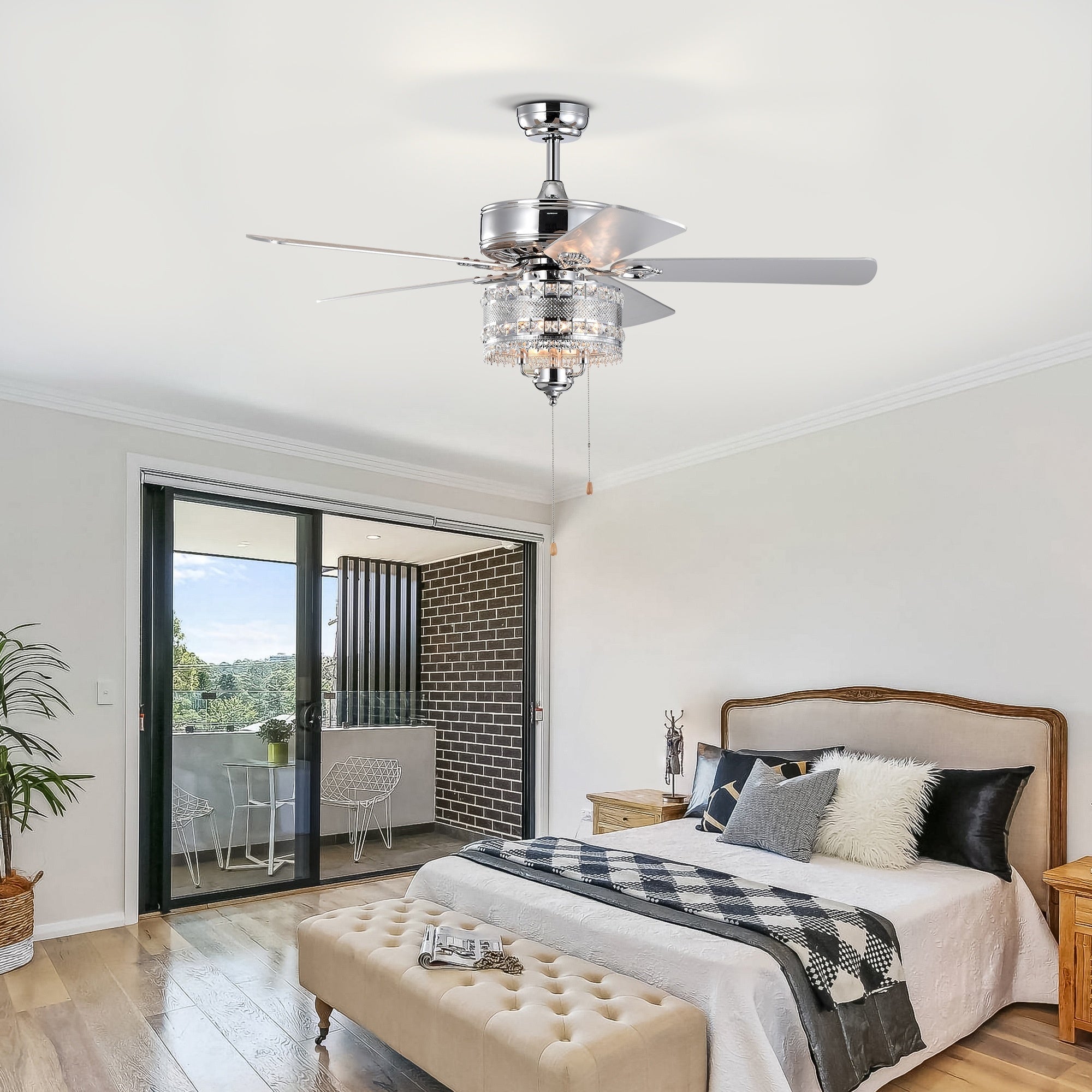 3-Light Chrome Drum Shade LED Ceiling Fan — Traditional Farmhouse Crystal 52"