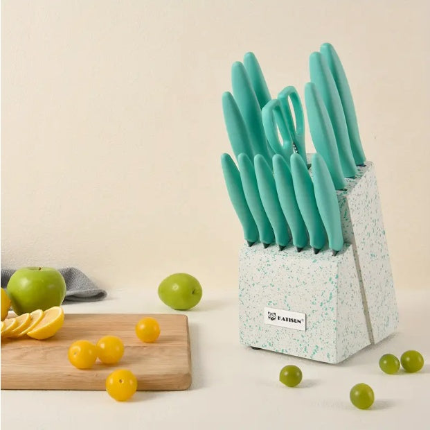 14-Piece Rainbow Colored High Carbon Stainless Steel Kitchen Knife Set with Wooden Stand & Scissors