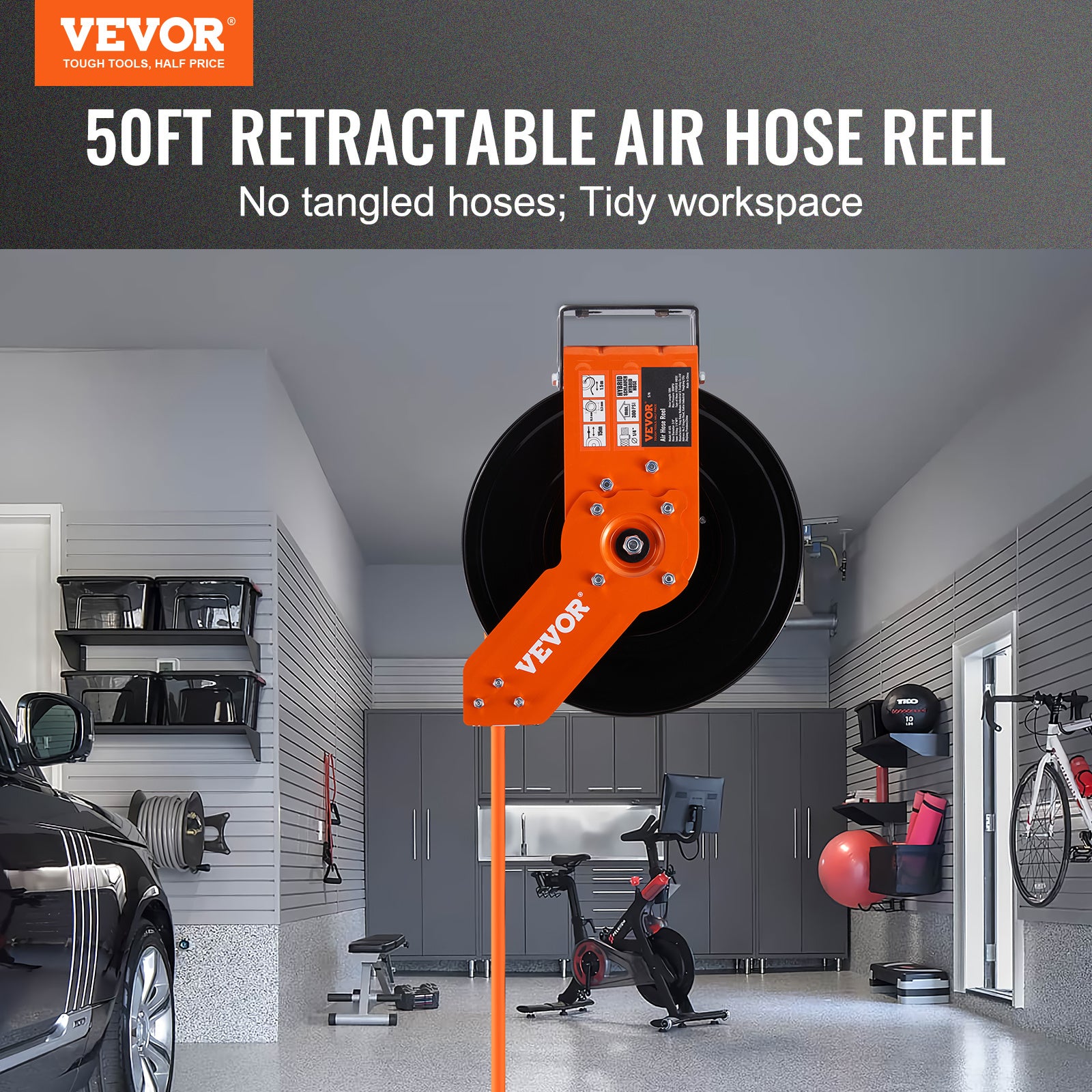 VEVOR Retractable Air Hose Reel, 50 FT Hybrid Air Hose Max 300PSI